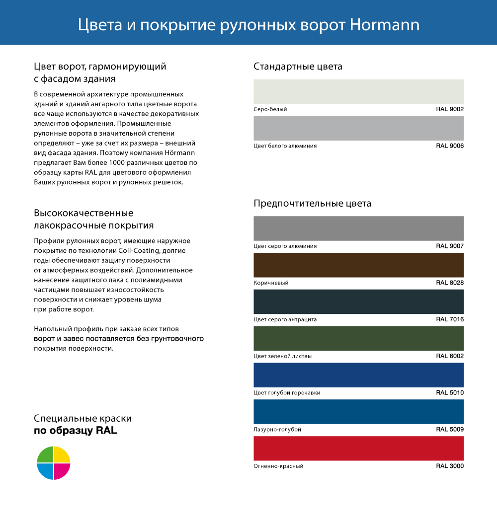 Возможные цвета рулонных ворот Hormann
